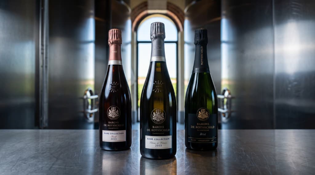 Trois bouteilles Champagne Barons de Rothschild alignées sur un plan de travail en inox : Rare Collection Rosé 2013, Rare Collection Blanc de Blancs 2013 et Brut