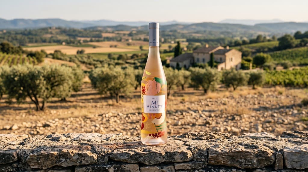 Minuty M Lucia Vinti art edition rosé bottle in Provence landscape